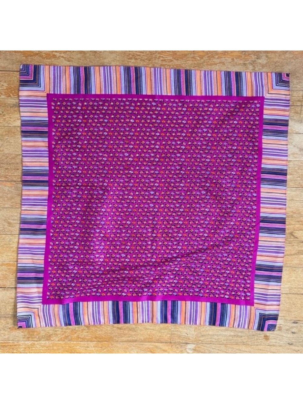 Vintage Floral Striped Scarf 70s Purple/Orange Square Ascot Made In Italy